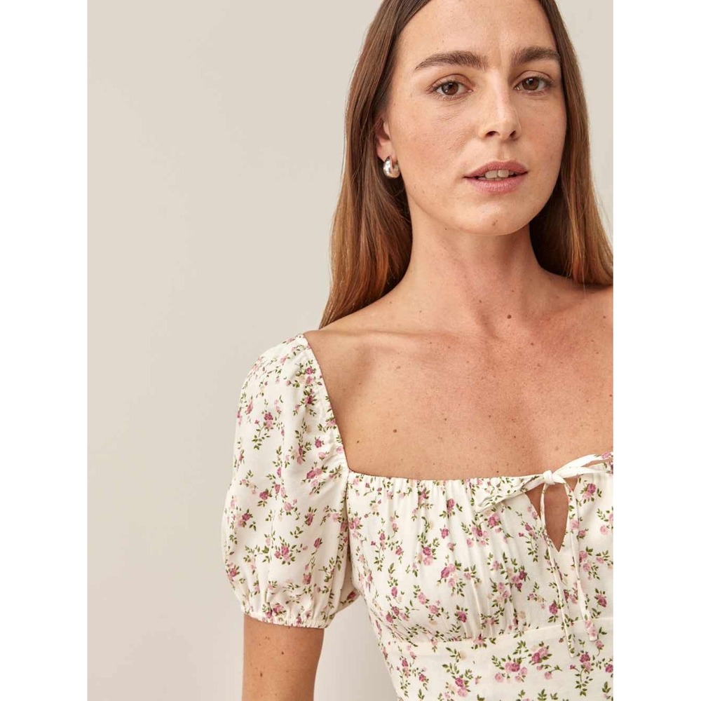Reformation Corbin Milkmaid Puff Sleeve Floral Dress Cream & Pink Sz 6 Coquette - Picture 3 of 15